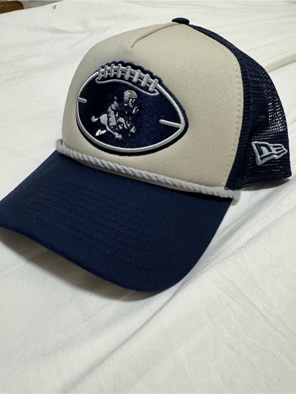 Dallas Cowboys New Era Navy and Cream Football Patch Trucker Hat